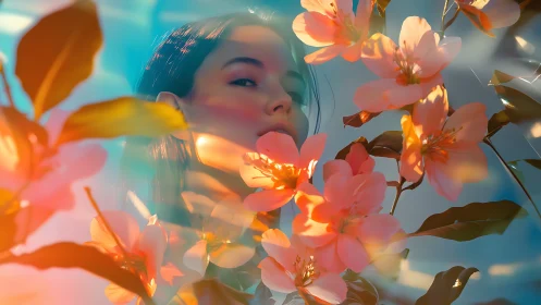 Woman’s face framed by glowing peach blossoms and light.