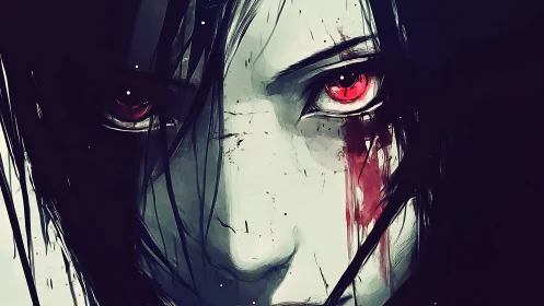 Close-up digital portrait shows red-eyed character bleeding