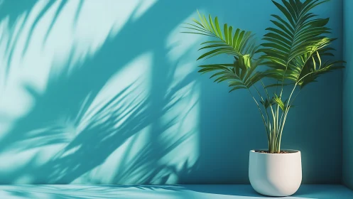 Palm foliage and refracted daylight in minimal corner study.