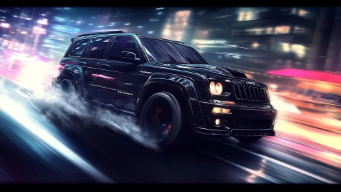 Midnight SUV rockets through neon streets in glossy stride