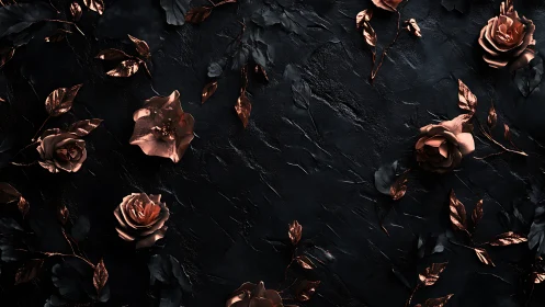 Copper roses arranged on dark textured background.