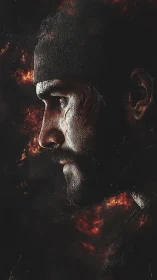 Profile of bearded man in hat against dark ember background.