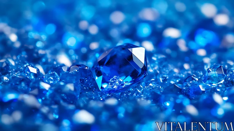 Single blue-cut gemstone lies amid glowing sapphire shards