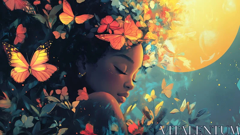Moonlit butterflies crown a dreaming girl in painted hush