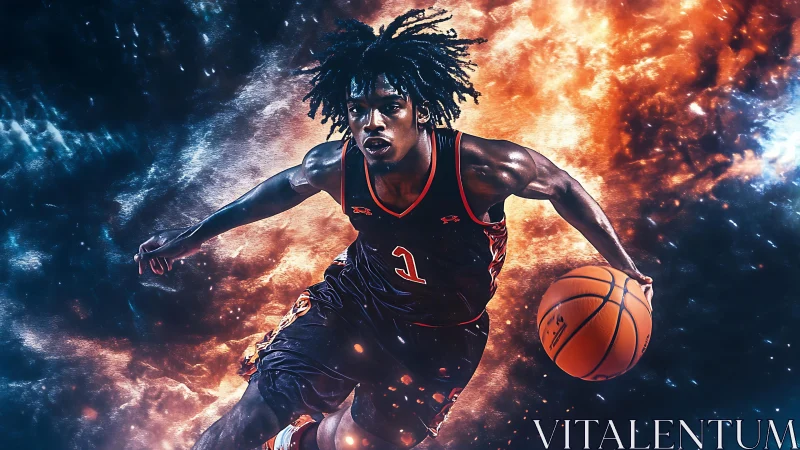 Explosive cosmic basketball drive with blazing energy trail.