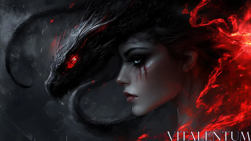 Dragon-like creature beside woman with red energy aura.