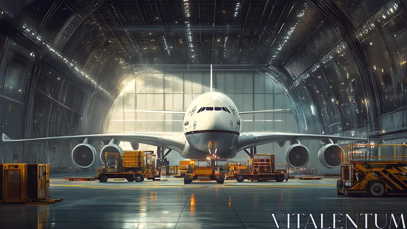 Photorealistic widebody jet in illuminated industrial hangar.