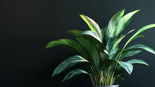 Green indoor foliage plant against dark neutral background.