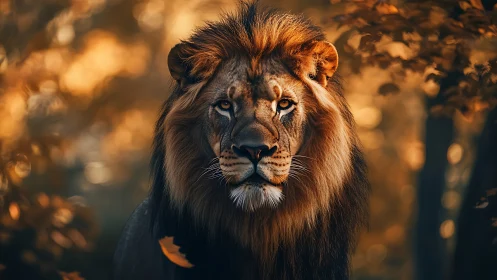 Male lion portrait in warm bokeh forest light emphasizes majesty