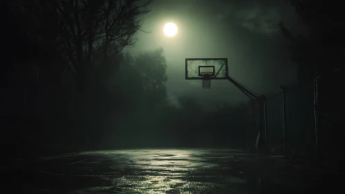 Moonlit outdoor basketball hoop rendered in moody photorealism