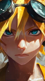 Gritty anime pilot portrait with intense teal gaze.