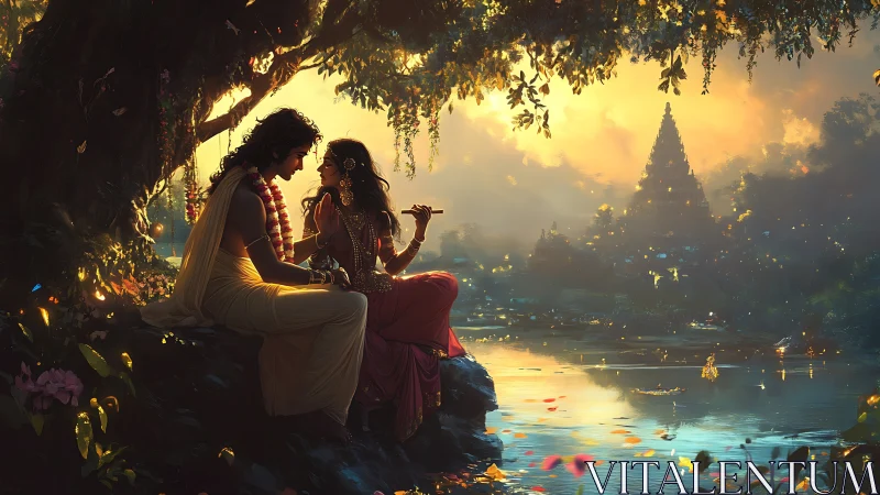 Twilight lovers beside river, temple glowing beyond horizon.