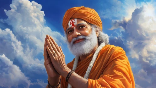 Elderly man in orange robe with folded hands against sky.