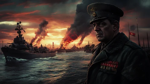 Naval commander observes burning warships under smoke filled dusk sky