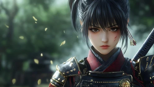 Samurai girl in ornate armor stares forward with focused gaze