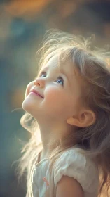 Child gazing upward with backlighting illuminating blonde hair