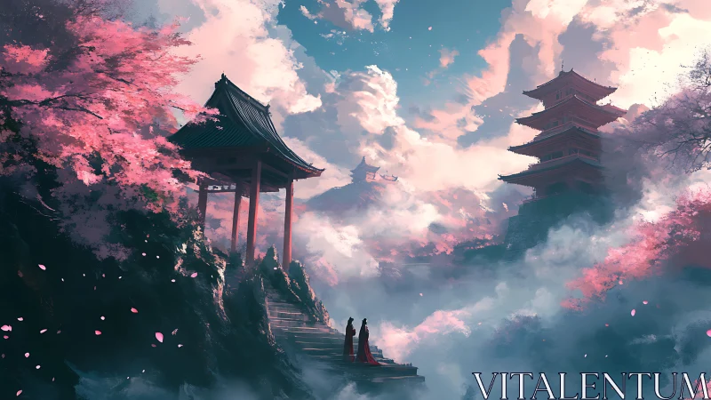 Skyward cherry blossoms guard mist-veiled mountain temples.