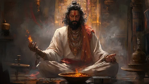 Mystic sage commands sacred fire within hallowed shrine.