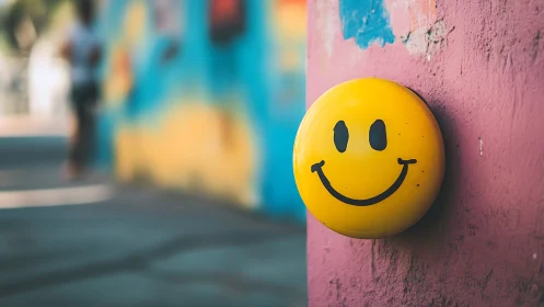 Street corner smiley brightening a soft urban afternoon.