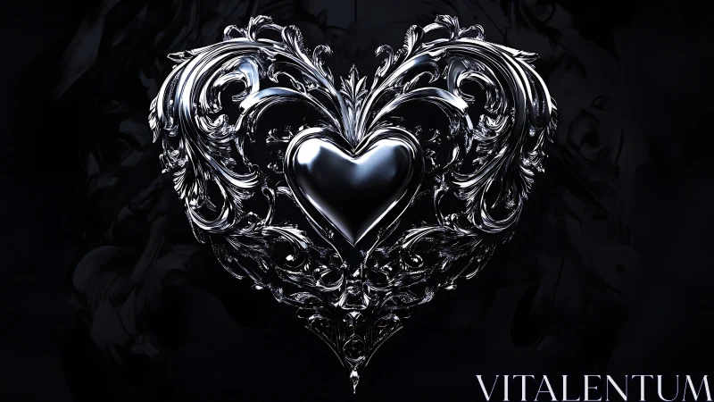 Ornamental Heart with Baroque Filigree Wings Against Dark Field.