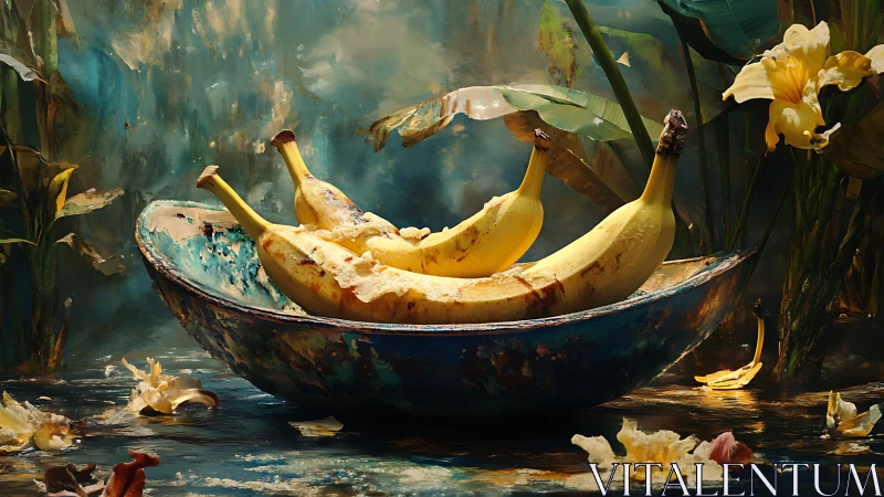 Painterly still life bananas in weathered turquoise bowl.