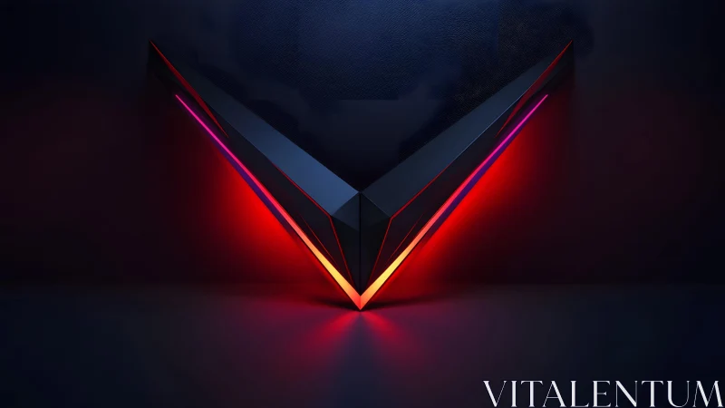 Futuristic angular V shape with glowing neon lights on dark background.