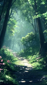 Enchanted Forest Path Bathed in Ethereal Sunlight