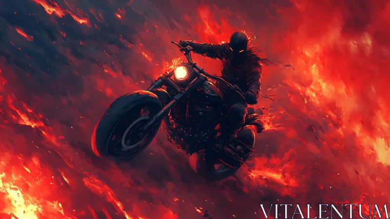 Armored rider on flaming motorcycle cuts through infernal sky