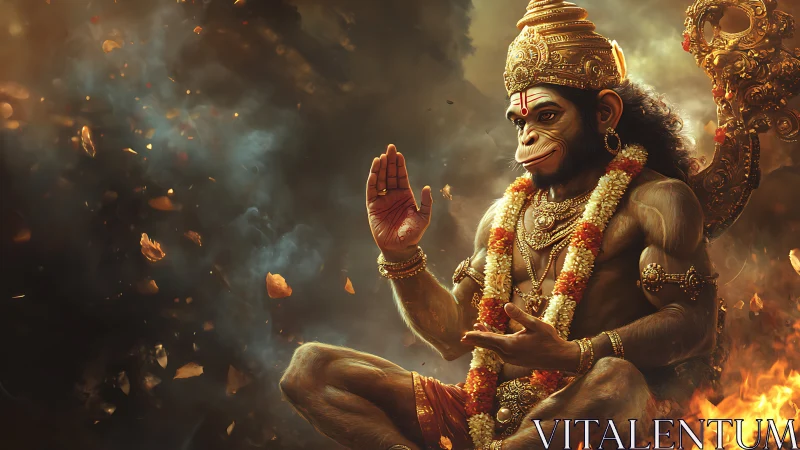 Divine simian deity seated in golden firelit throne.