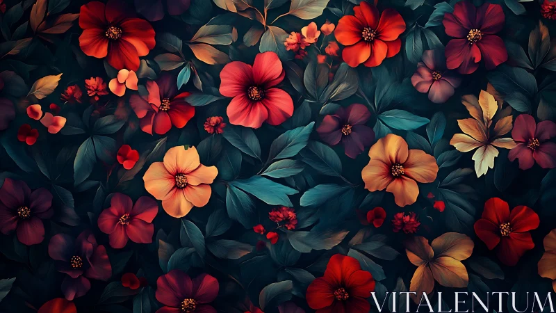 Botanical composition displaying blooming flowers with warm and cool color palette