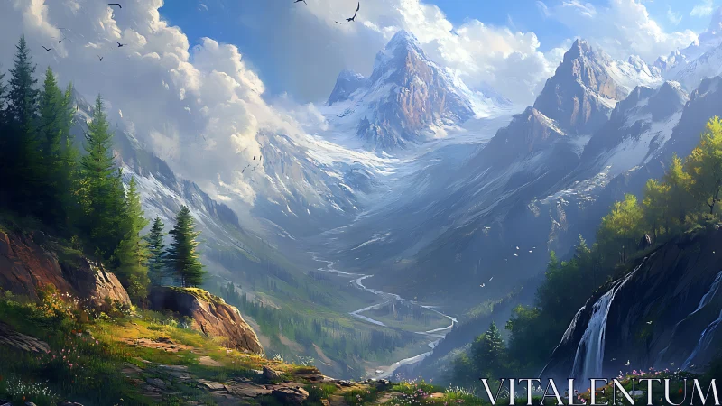 Snow-covered mountain valley with river and forested slopes.