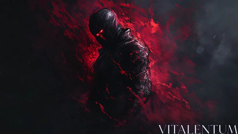 Hooded humanoid figure stands in red abstract digital haze