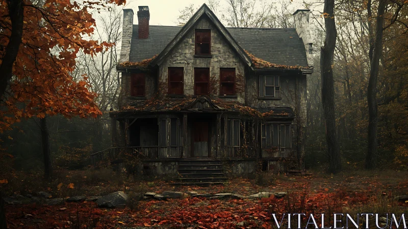 Dilapidated Victorian manor rendered in moody autumnal tones