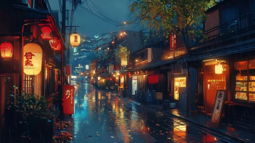 Rainy Japanese street shows wet pavement and glowing lanterns