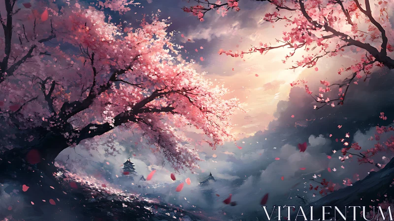 Sakura hillside valley with distant pagoda under luminous dawn sky