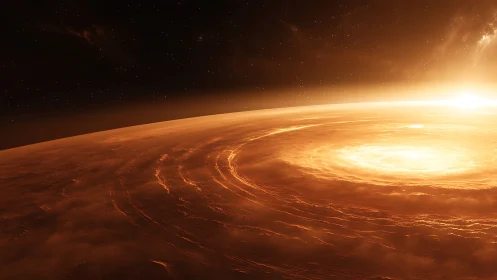 Fiery planetary storm swirls beneath a distant rising star