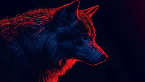 Neon lit wolf in profile glowing with quiet, wild strength.