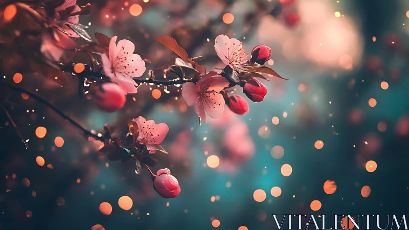 Cherry blossoms with ladybugs in soft-focus bokeh lighting