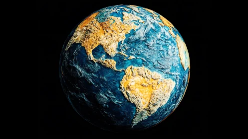 Rendered globe presents textured Americas on black background