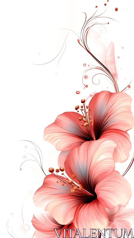 Graceful Coral Hibiscus Blooms with Flowing Ornamental Elements