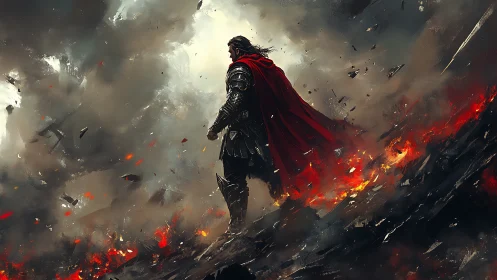 Lone armored hero strides through storm and rising fire.