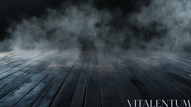Moody wooden stage floor wrapped in drifting silver fog.