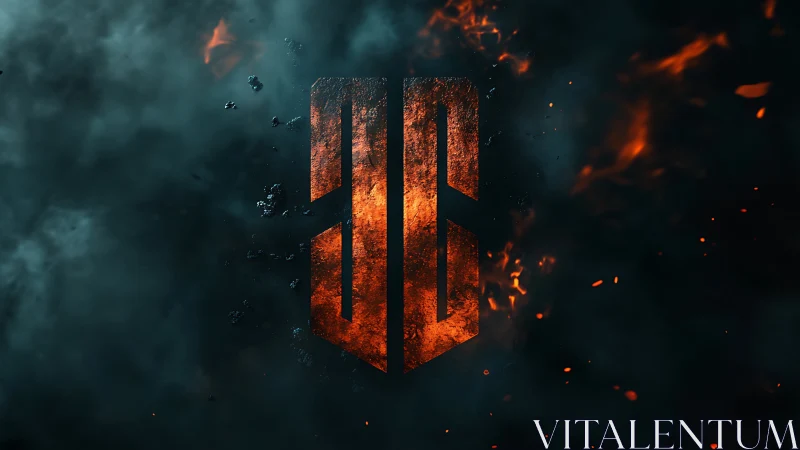 Burning orange emblem floats amid dense smoke and sparks