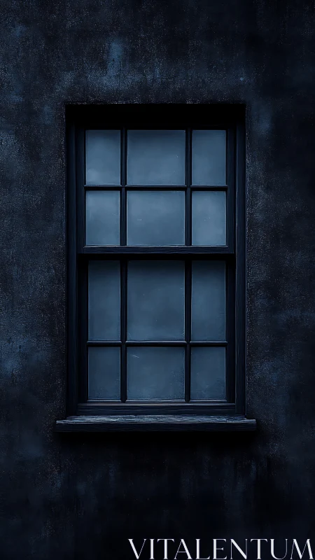 Nocturnal facade window with nine-pane grid in cold blue tones