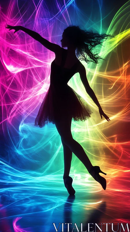 Silhouette of ballet dancer against multicolor light streaks.