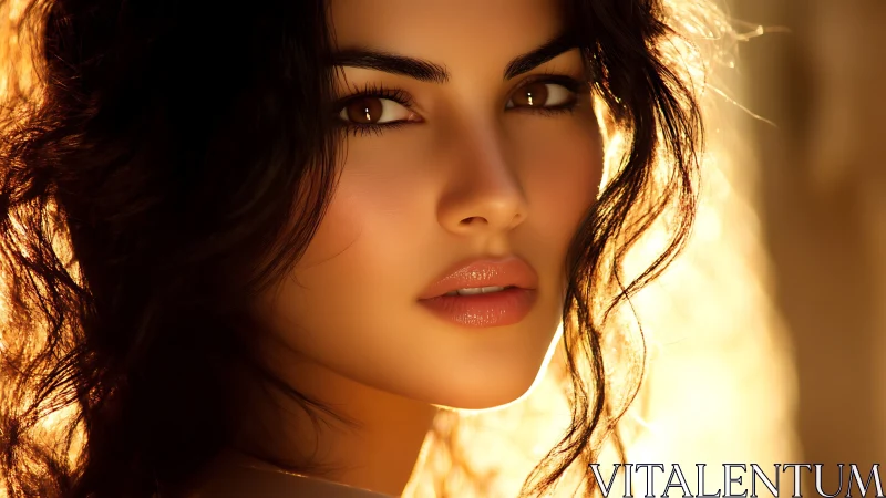 Close-up portrait of woman in warm backlit setting.