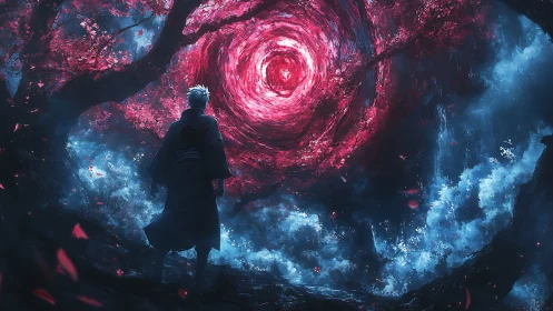 Wanderer beneath a glowing crimson forest vortex portal.