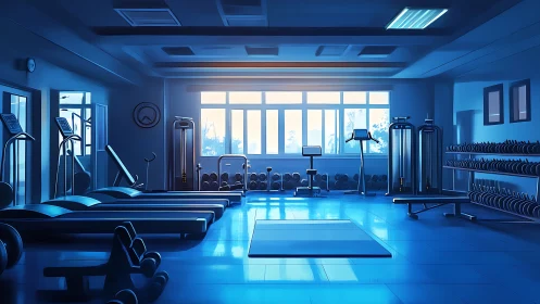 Modern sunlit gym interior with cool blue atmosphere.