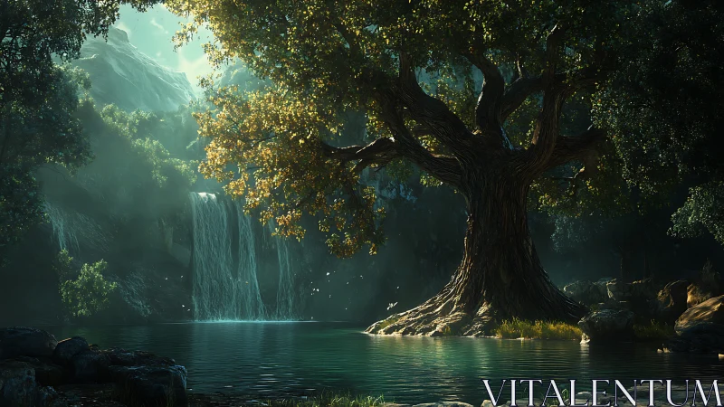 Massive twisted tree anchors luminous cove with cascading falls