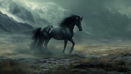 Midnight steed racing through storm-kissed mountain mist.